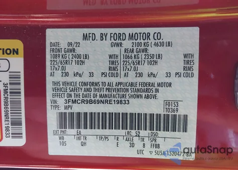 2022 Ford Bronco Sport Big Bend z USA, uszkodzony, nr VIN 3FMCR9B69NRE19833